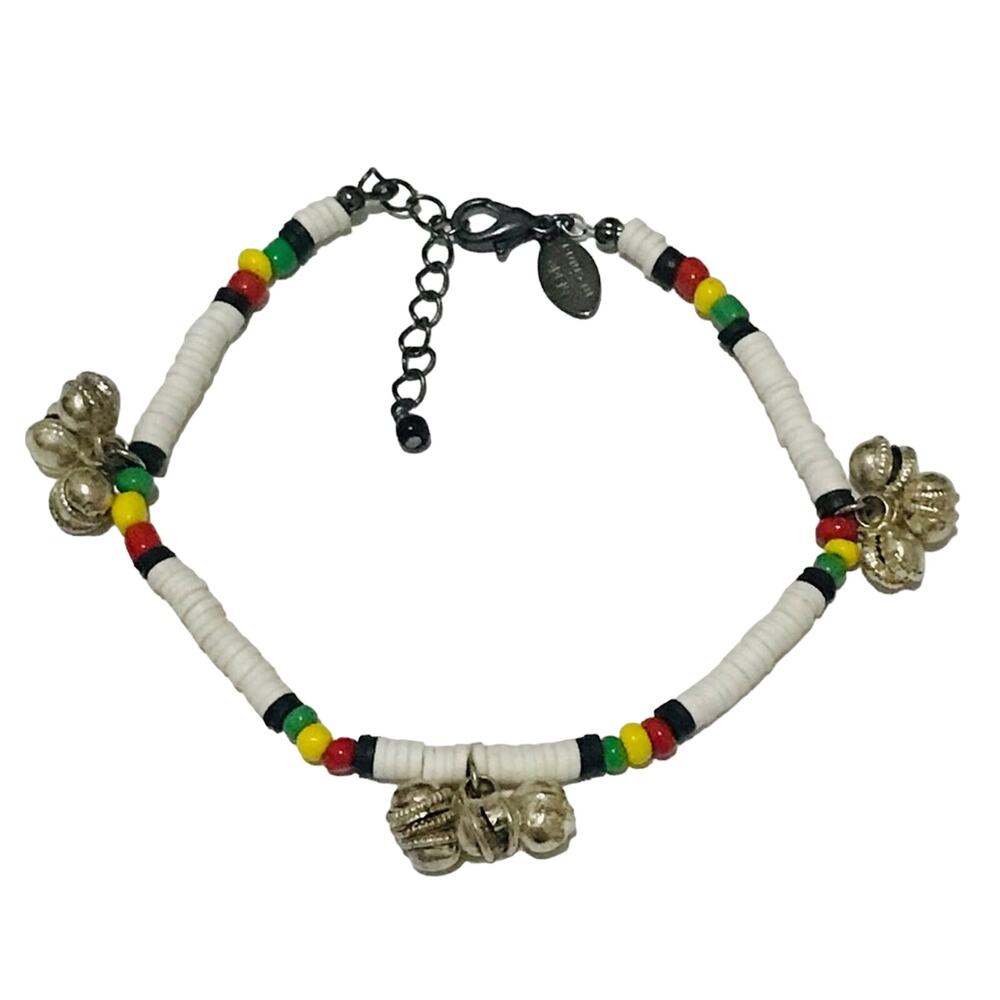 Beaded White, black, red, yellow, Green Bracelet with bells